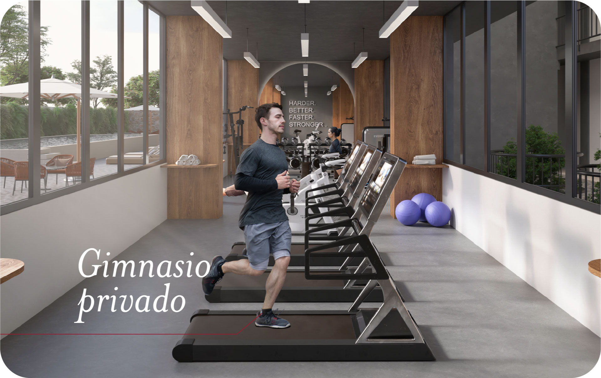 persona corriendo en el gimnasio de su nuevo departamento en Brittania District
